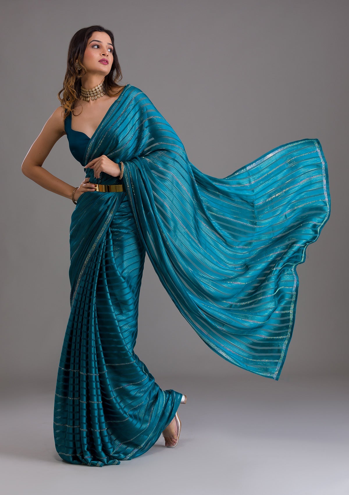 blue saree dress Yuthika Embroidered Cord Pre-draped Saree