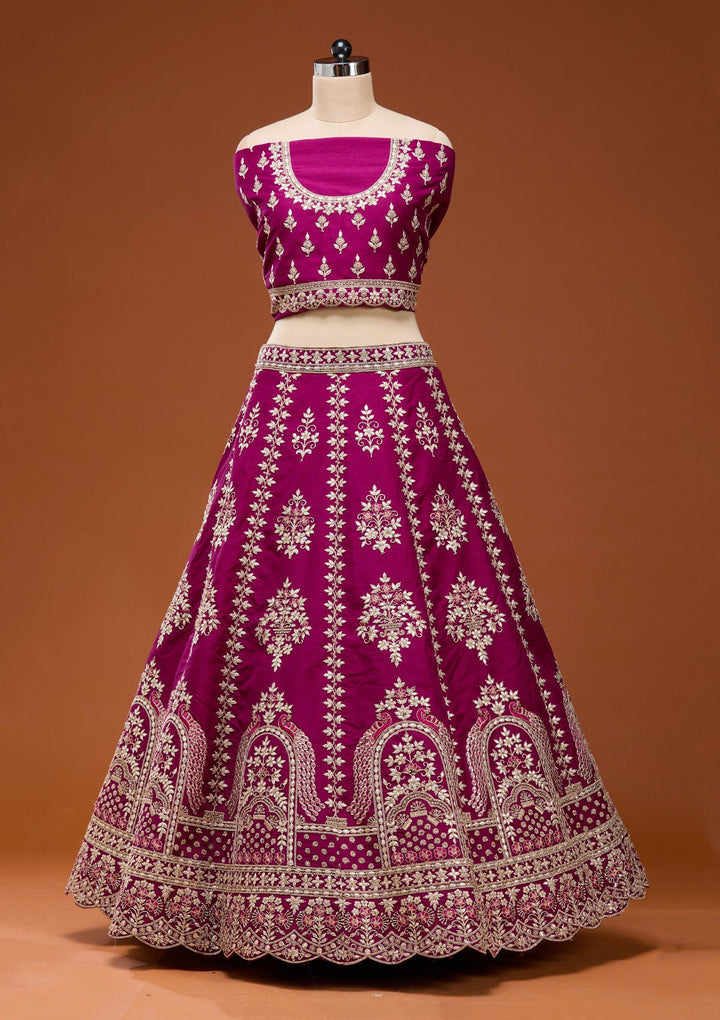 Wine Cording Raw Silk Semi-Stitched Lehenga_Koskii