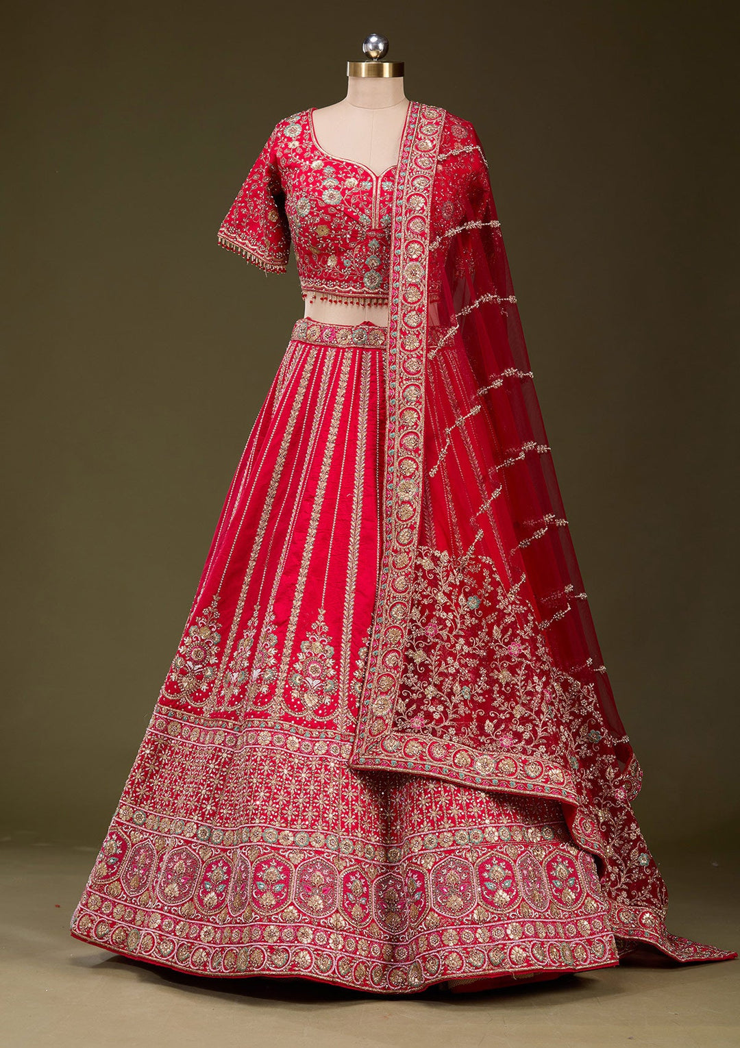 Red Zardosi Raw Silk Readymade Lehenga_Koskii