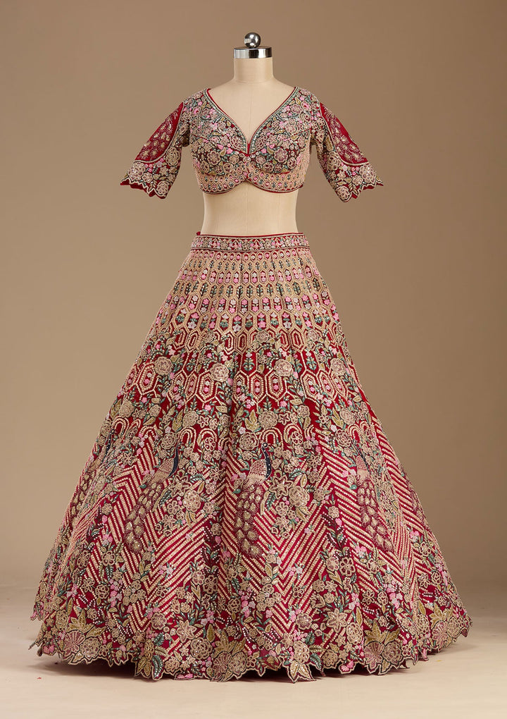 Red Threadwork Net Readymade Lehenga-koskii