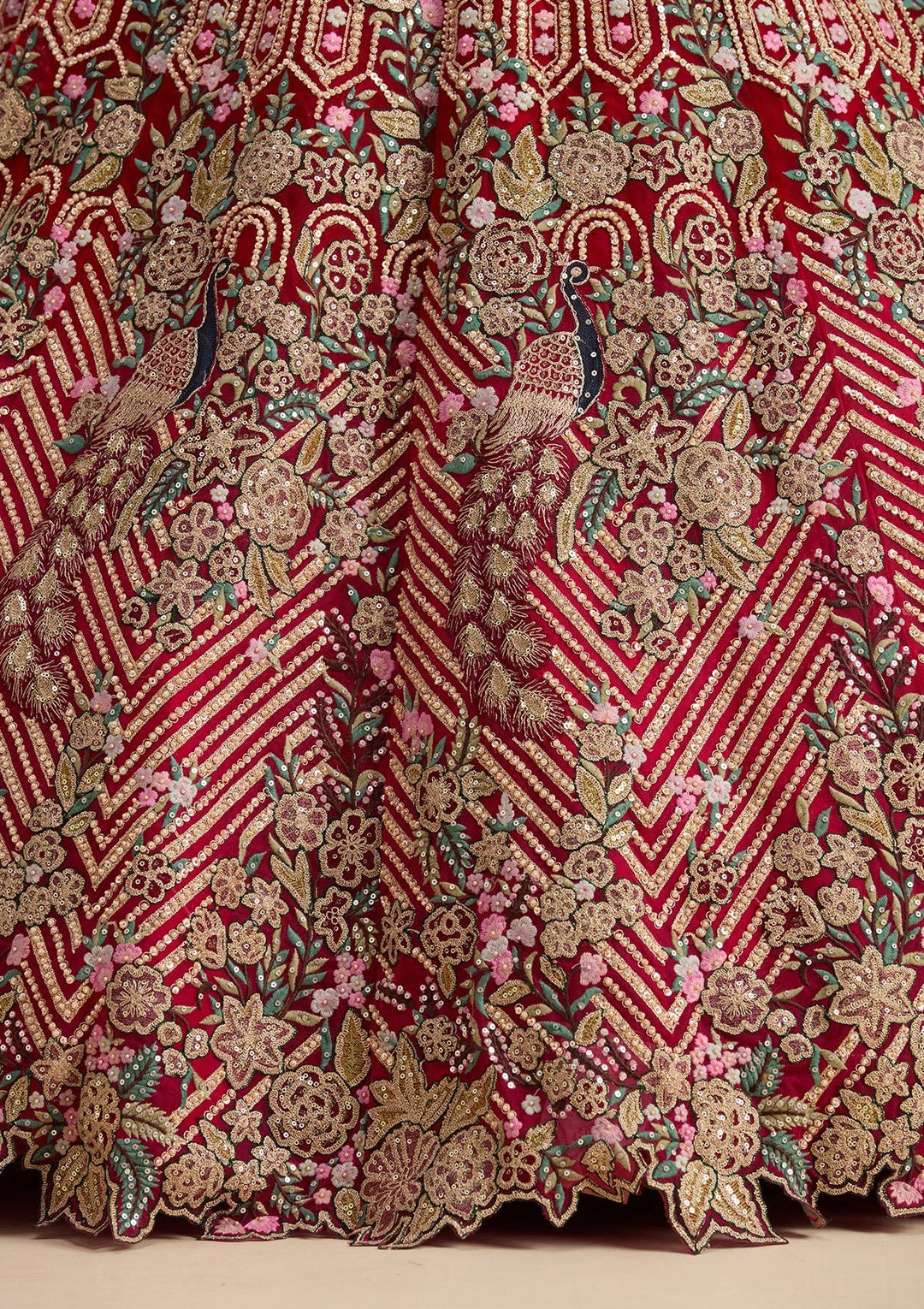 Red Threadwork Net Readymade Lehenga-koskii
