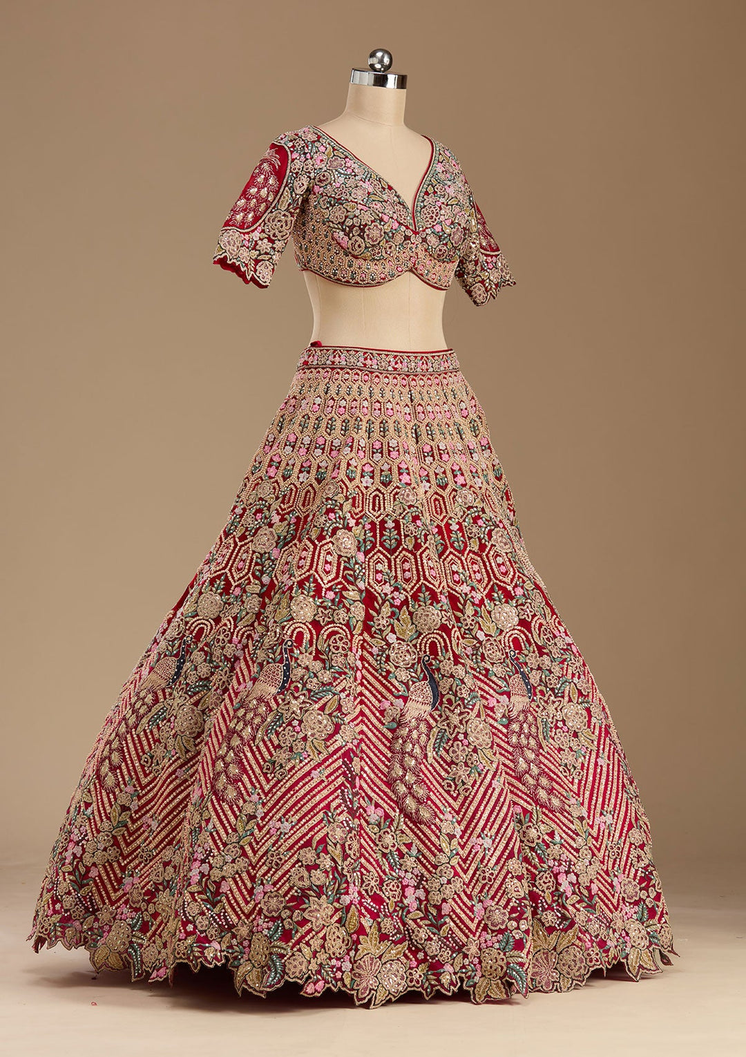 Red Threadwork Net Readymade Lehenga-koskii