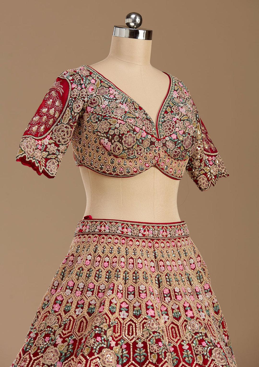 Red Threadwork Net Readymade Lehenga-koskii