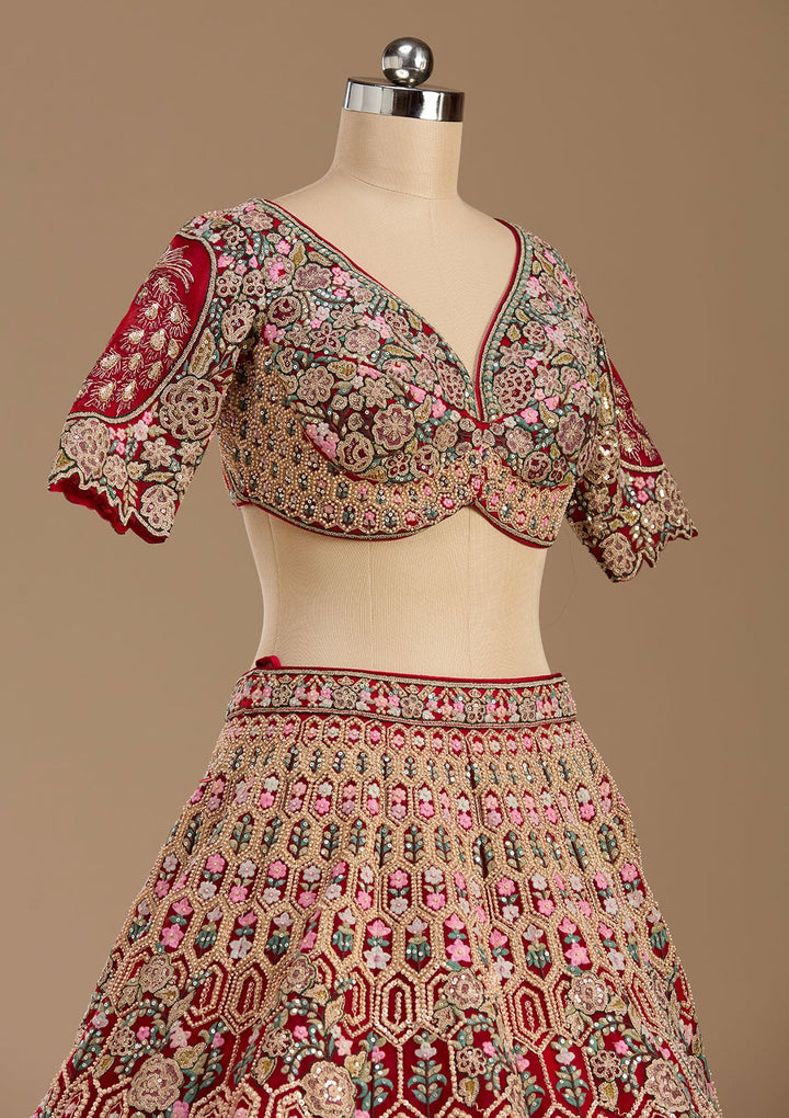 Red Threadwork Net Readymade Lehenga-koskii