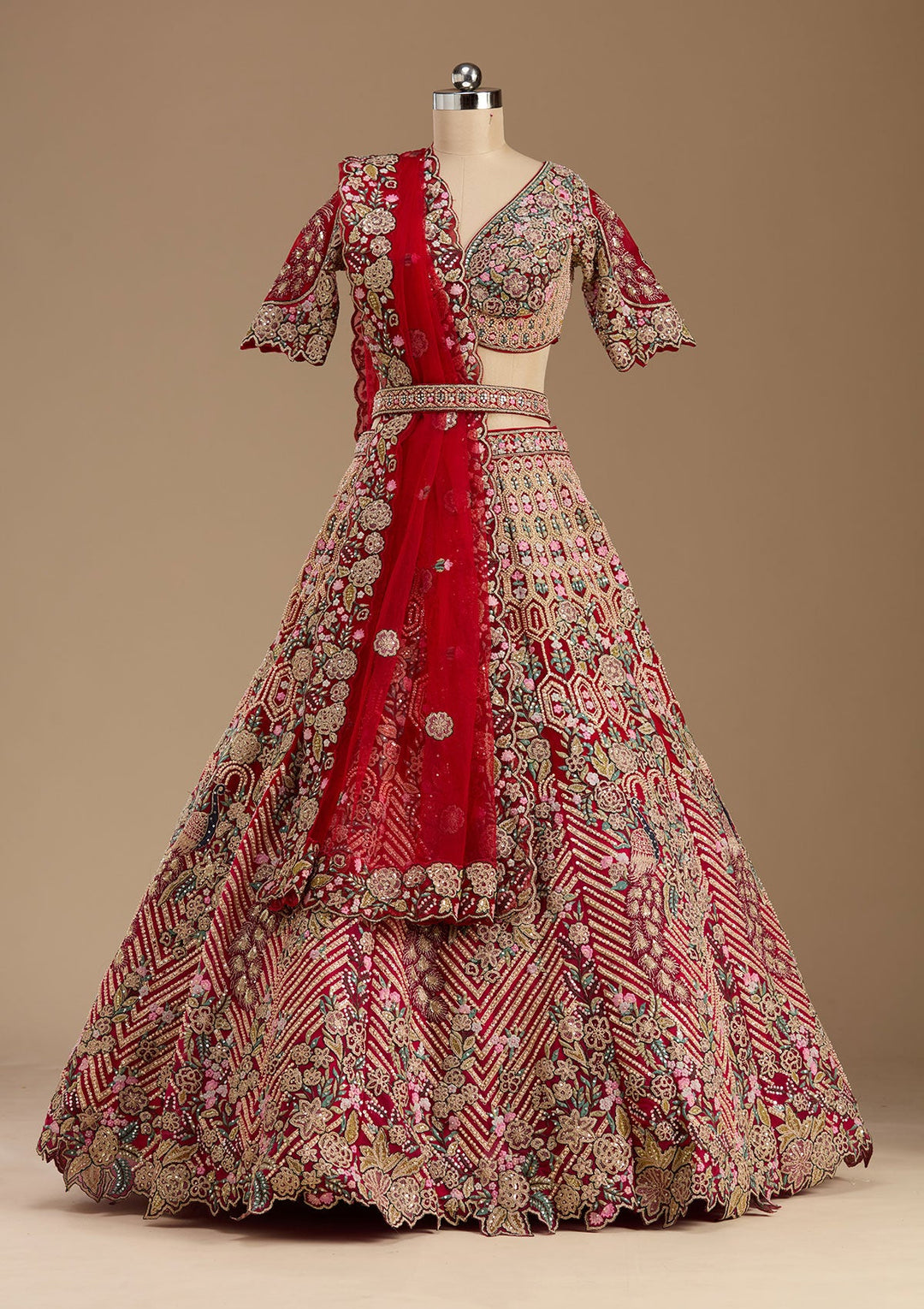 Red Threadwork Net Readymade Lehenga-koskii