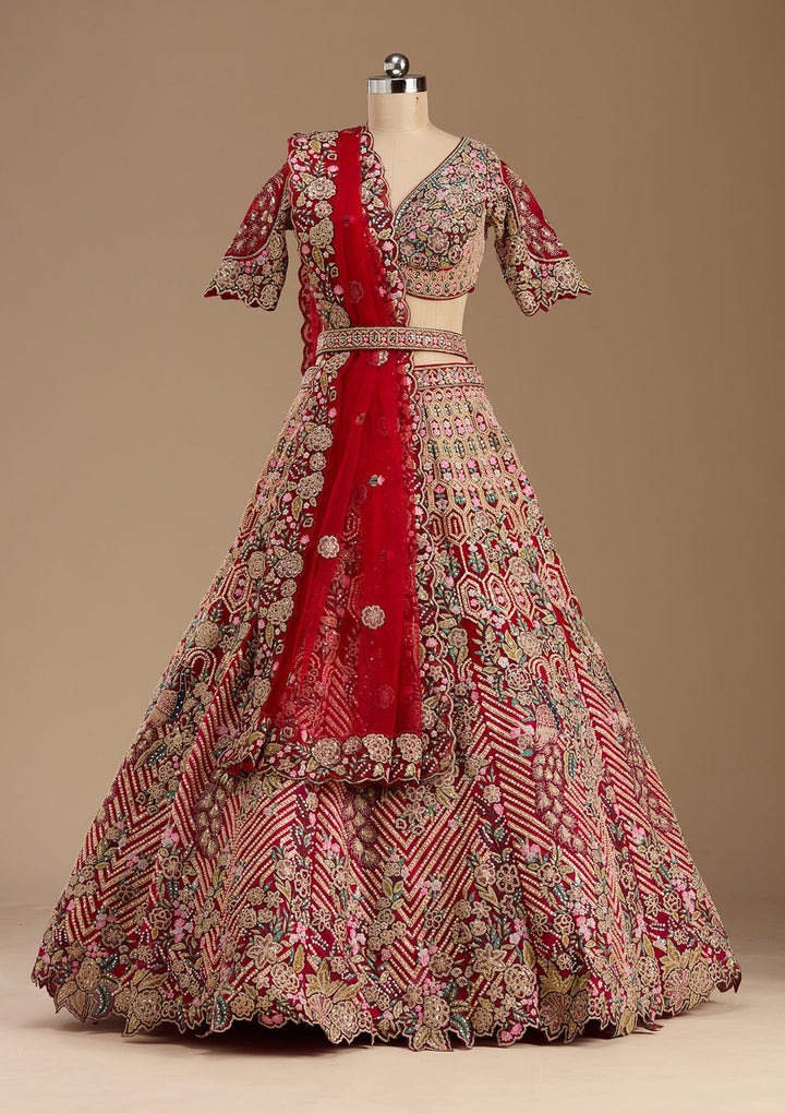 Red Threadwork Net Readymade Lehenga-koskii