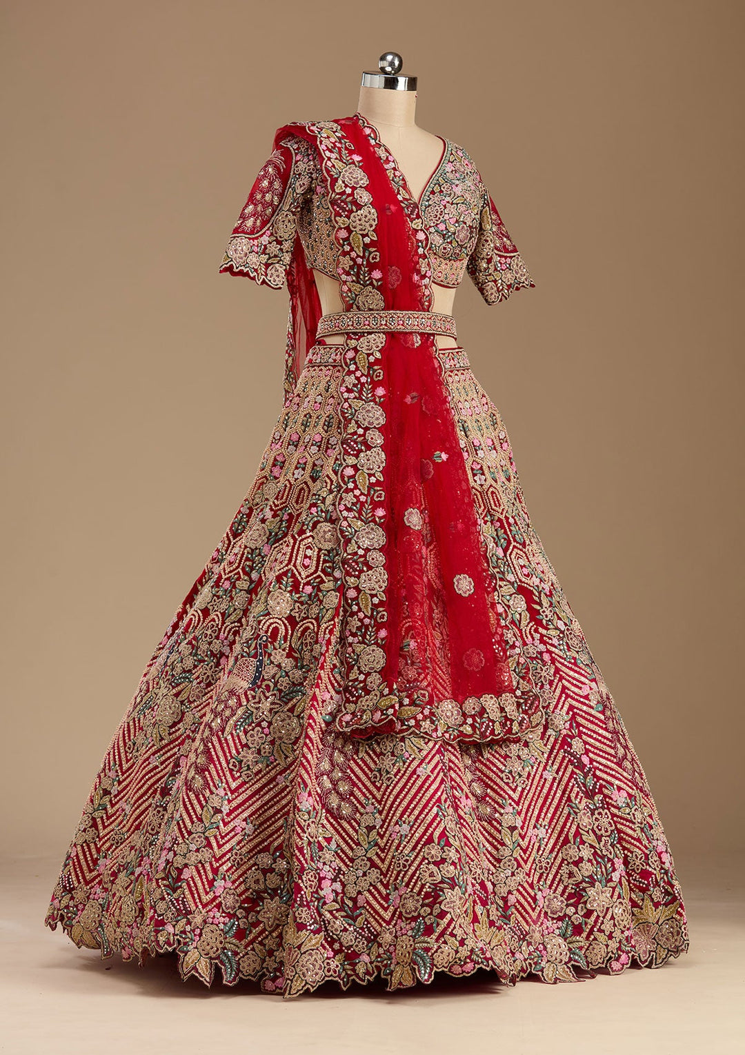 Red Threadwork Net Readymade Lehenga-koskii