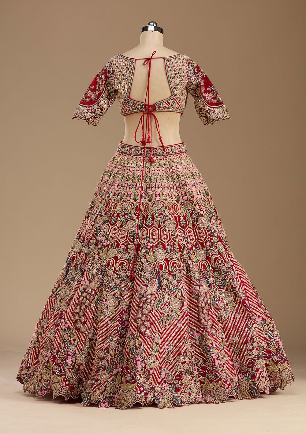 Red Threadwork Net Readymade Lehenga-koskii