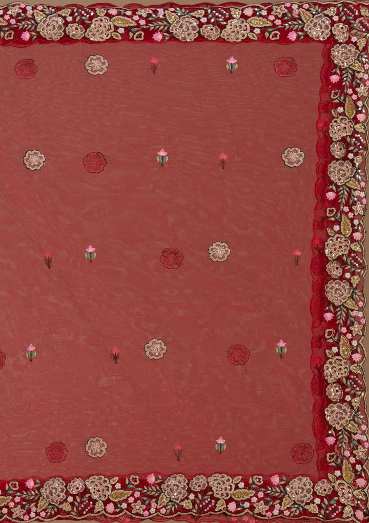 Red Threadwork Net Readymade Lehenga-koskii