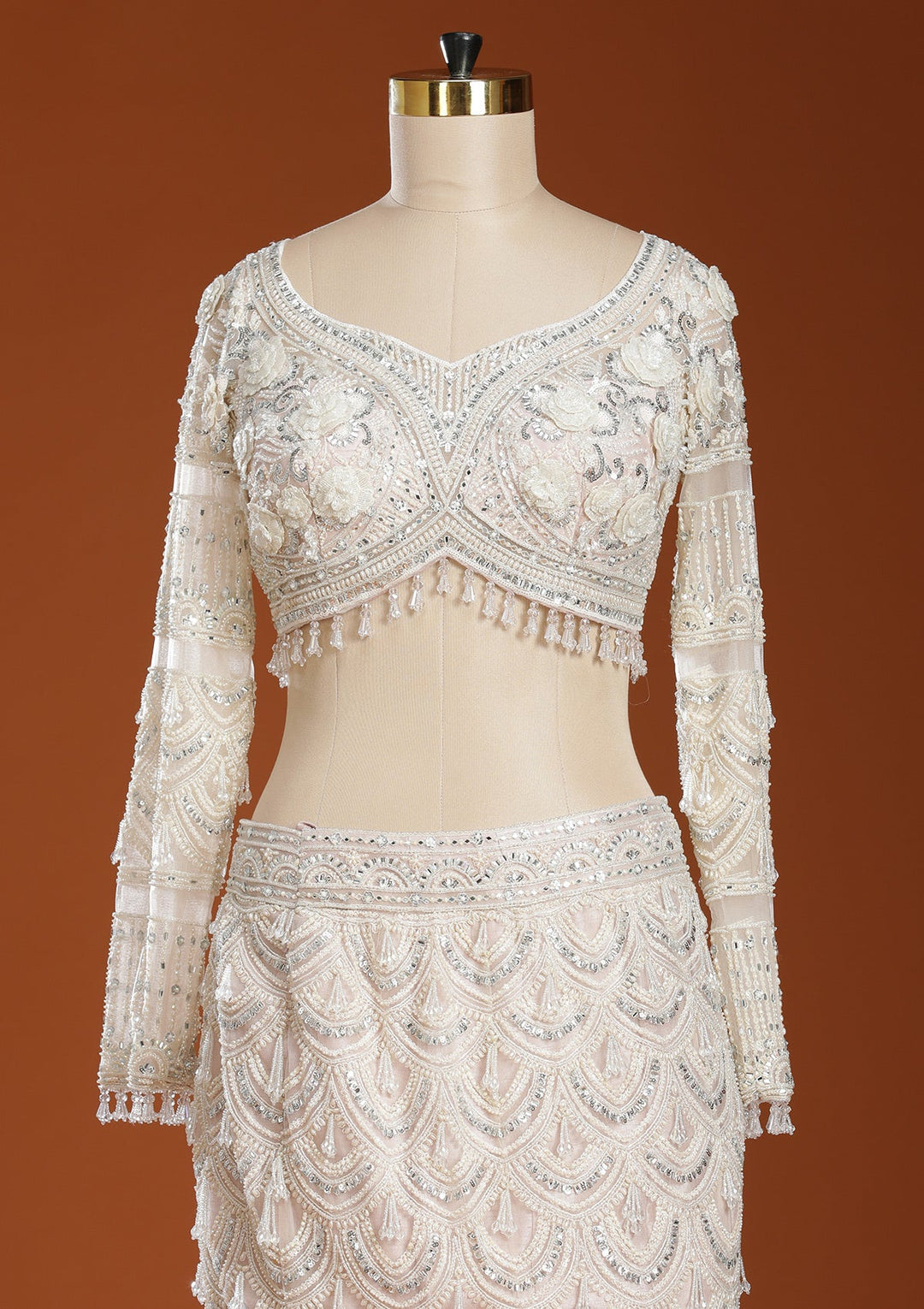 Peach Pearlwork Net Readymade Lehenga-koskii