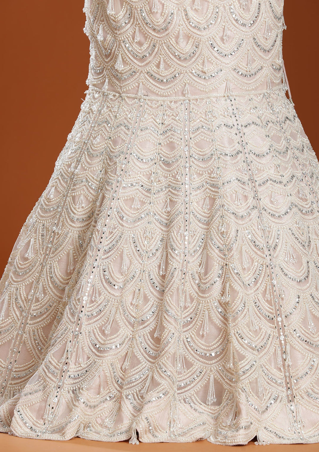 Peach Pearlwork Net Readymade Lehenga-koskii