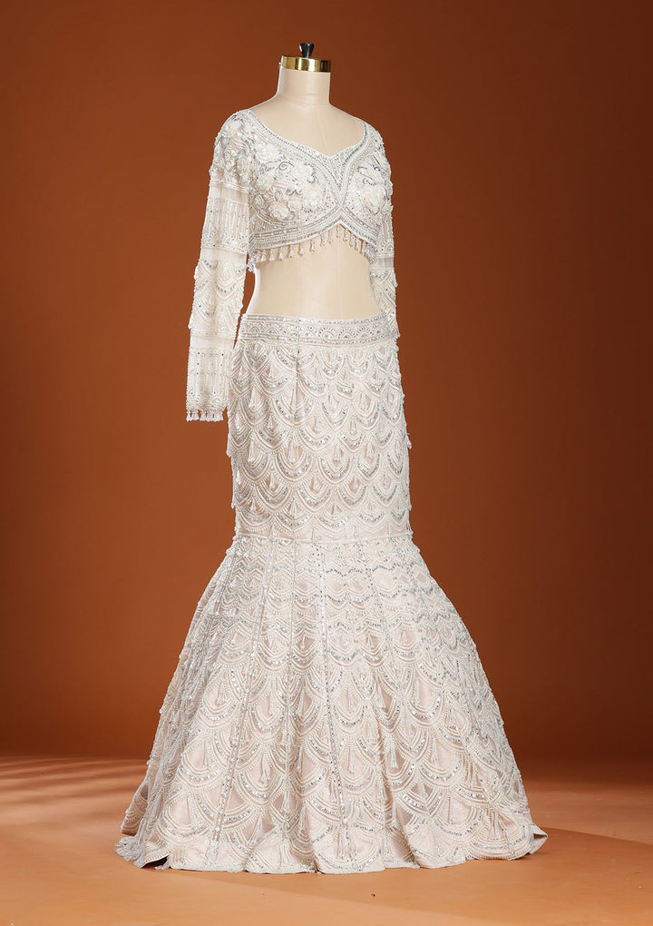 Peach Pearlwork Net Readymade Lehenga-koskii