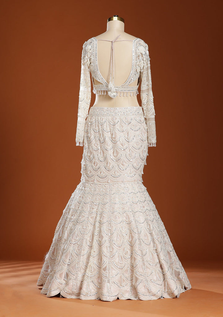 Peach Pearlwork Net Readymade Lehenga-koskii