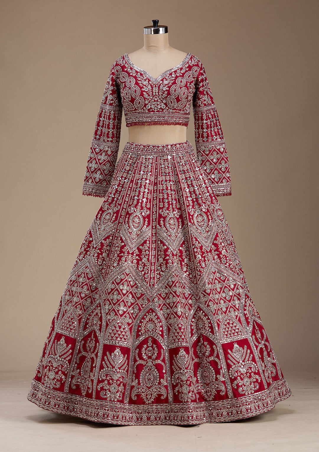 Red Silver Zariwork Raw Silk Readymade Lehenga-koskii