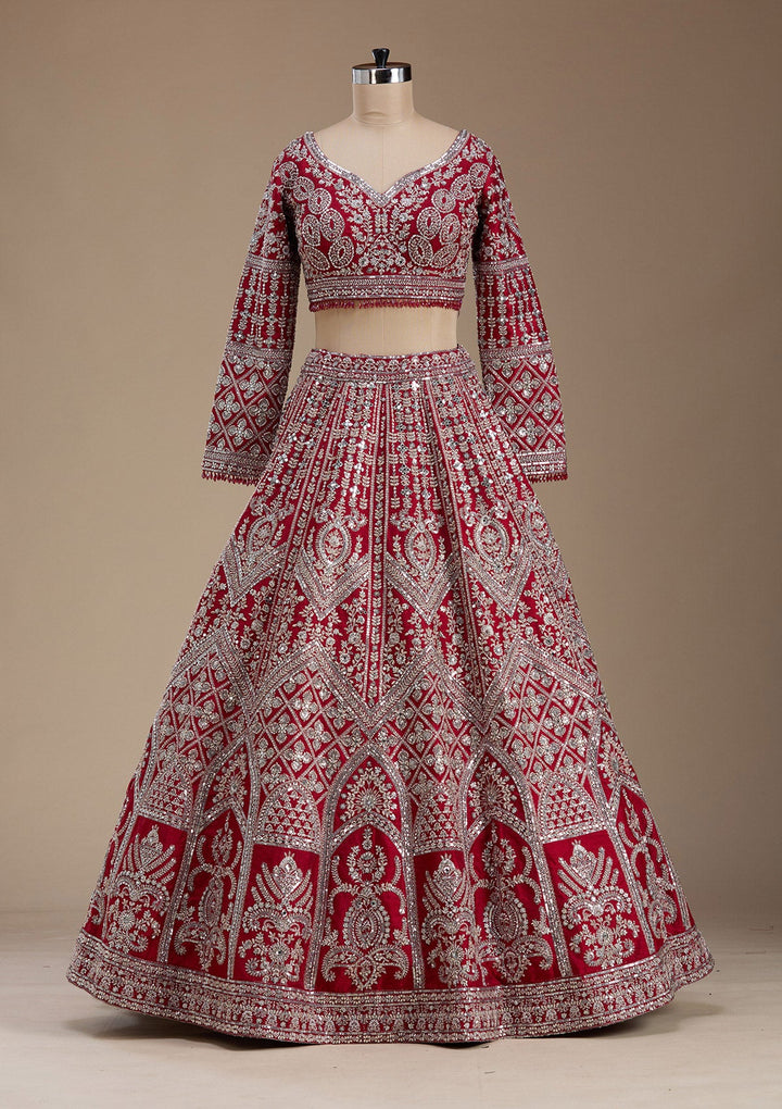 Red Silver Zariwork Raw Silk Readymade Lehenga-koskii