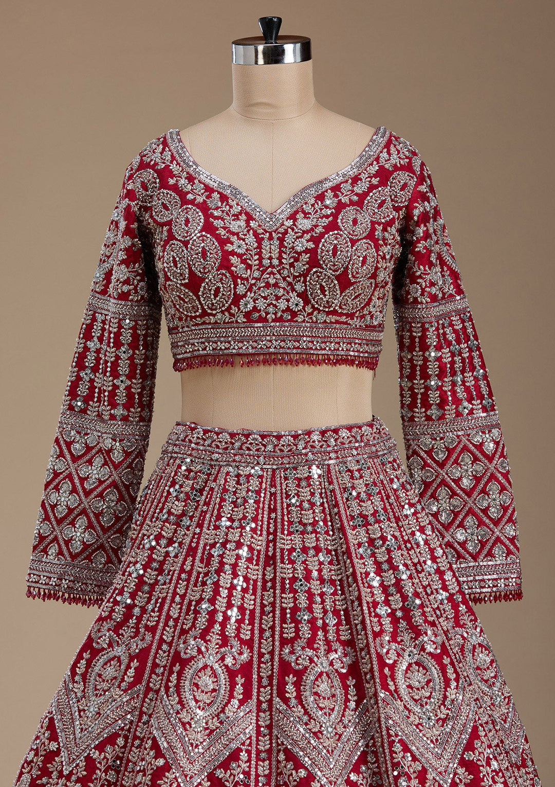 Red Silver Zariwork Raw Silk Readymade Lehenga-koskii