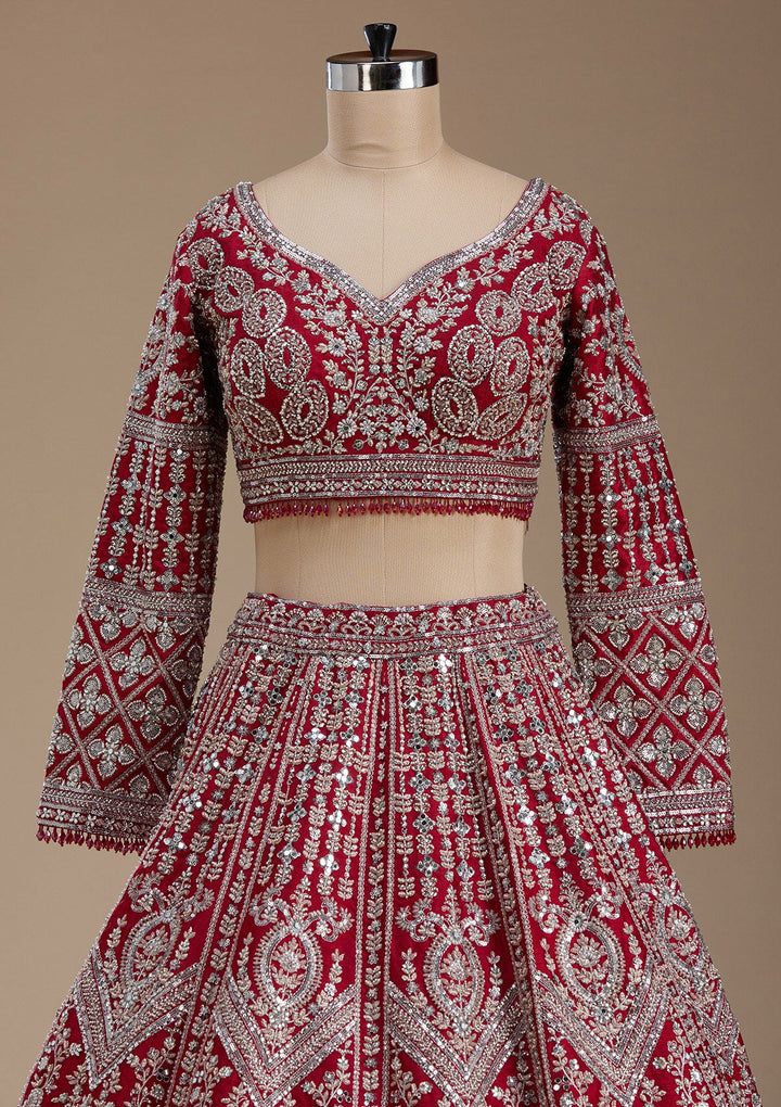 Red Silver Zariwork Raw Silk Readymade Lehenga-koskii