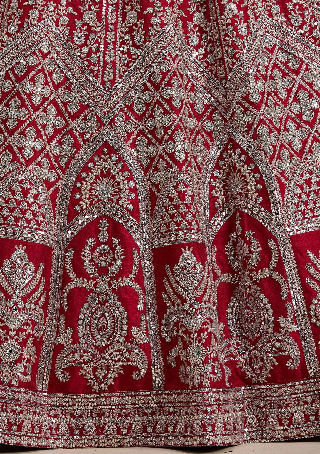 Red Silver Zariwork Raw Silk Readymade Lehenga-koskii