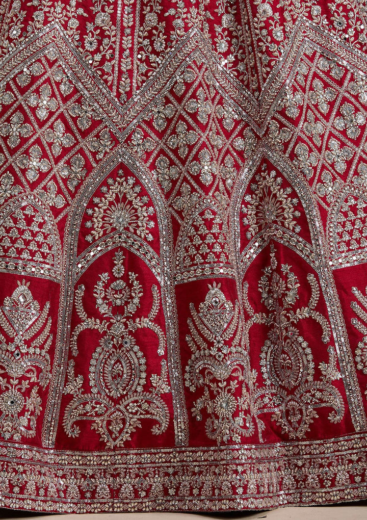 Red Silver Zariwork Raw Silk Readymade Lehenga-koskii