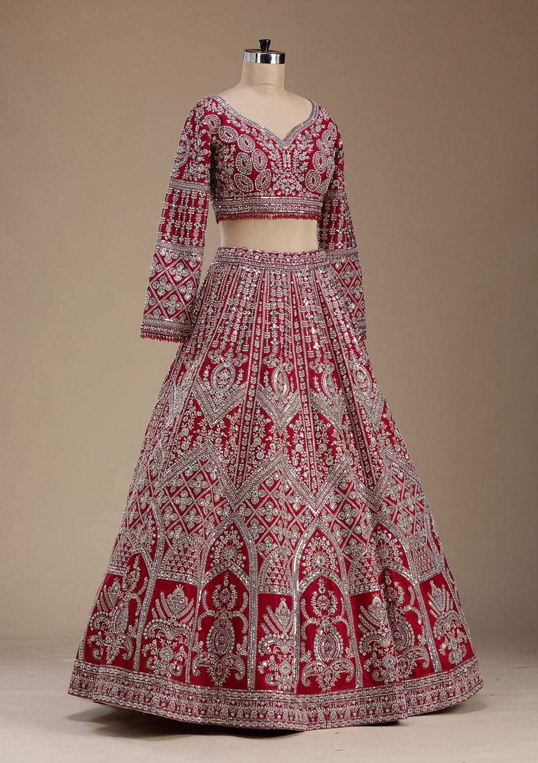 Red Silver Zariwork Raw Silk Readymade Lehenga-koskii