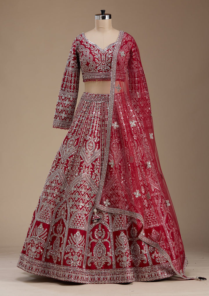 Red Silver Zariwork Raw Silk Readymade Lehenga-koskii