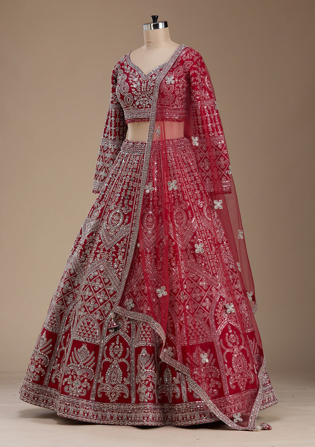 Red Silver Zariwork Raw Silk Readymade Lehenga-koskii