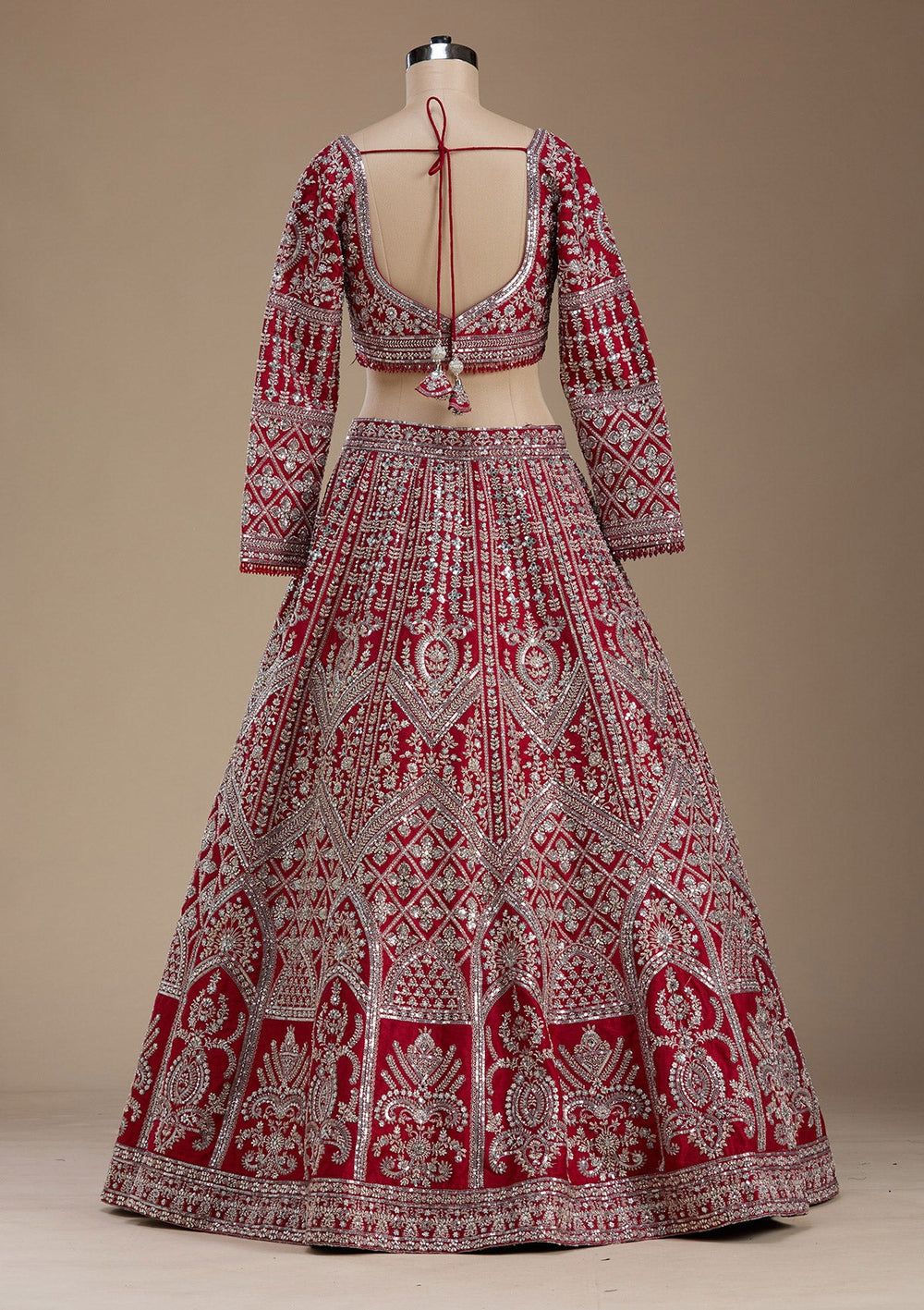 Red Silver Zariwork Raw Silk Readymade Lehenga-koskii