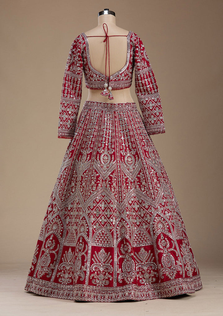 Red Silver Zariwork Raw Silk Readymade Lehenga-koskii