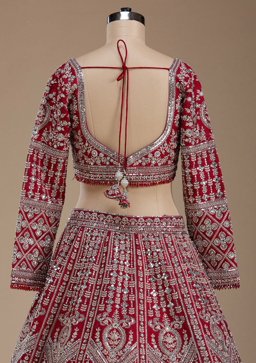 Red Silver Zariwork Raw Silk Readymade Lehenga-koskii