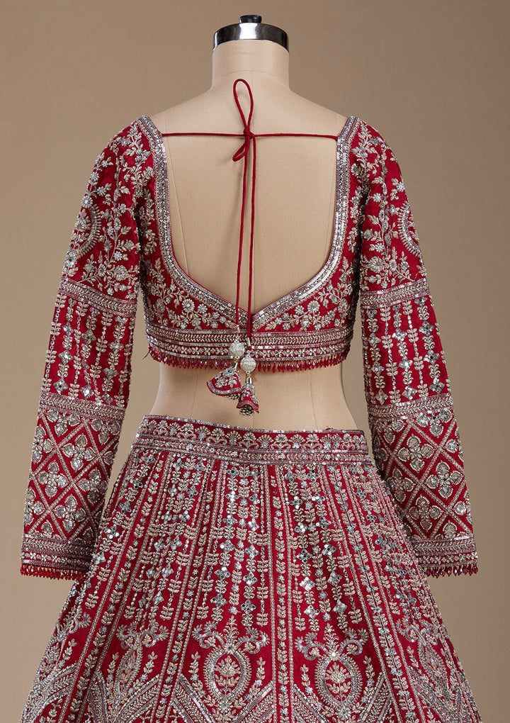Red Silver Zariwork Raw Silk Readymade Lehenga-koskii