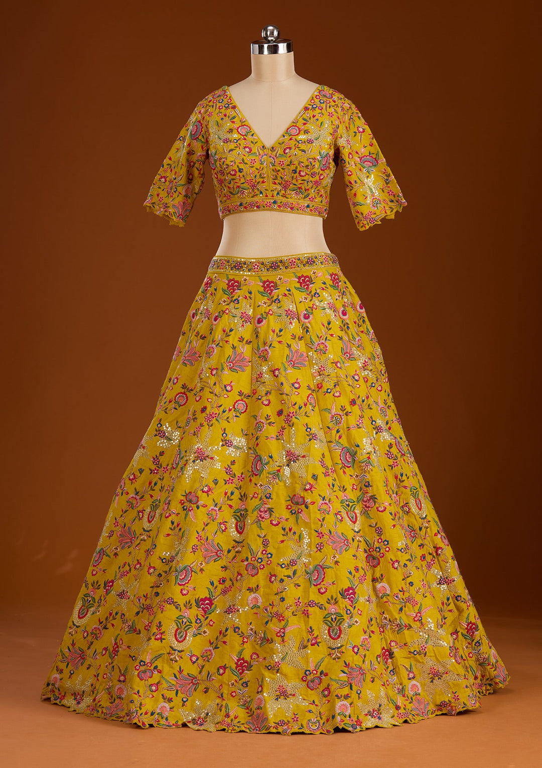 Mustard Sequins Raw Silk Readymade Lehenga-koskii
