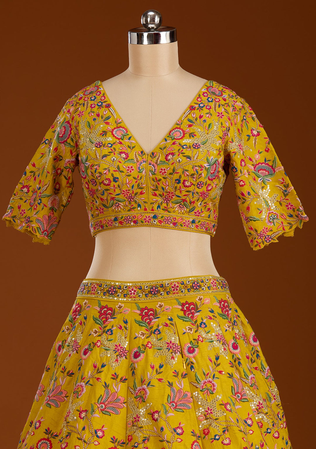 Mustard Sequins Raw Silk Readymade Lehenga-koskii