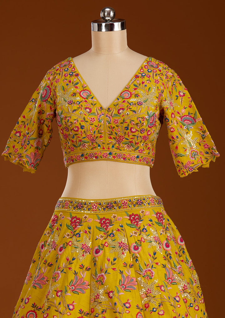 Mustard Sequins Raw Silk Readymade Lehenga-koskii