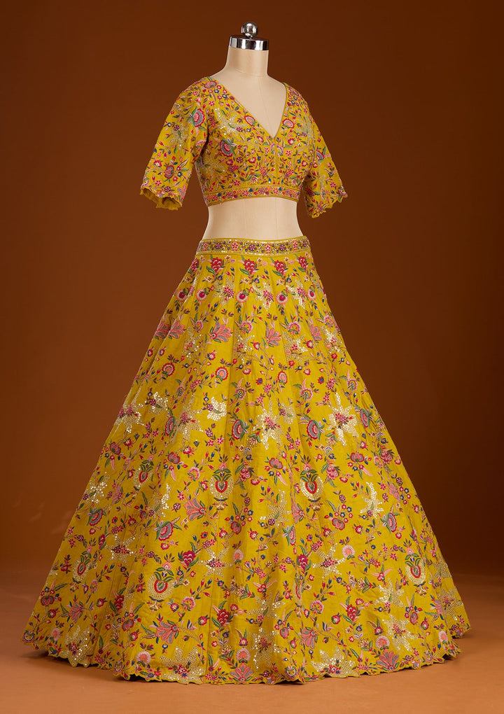 Mustard Sequins Raw Silk Readymade Lehenga-koskii