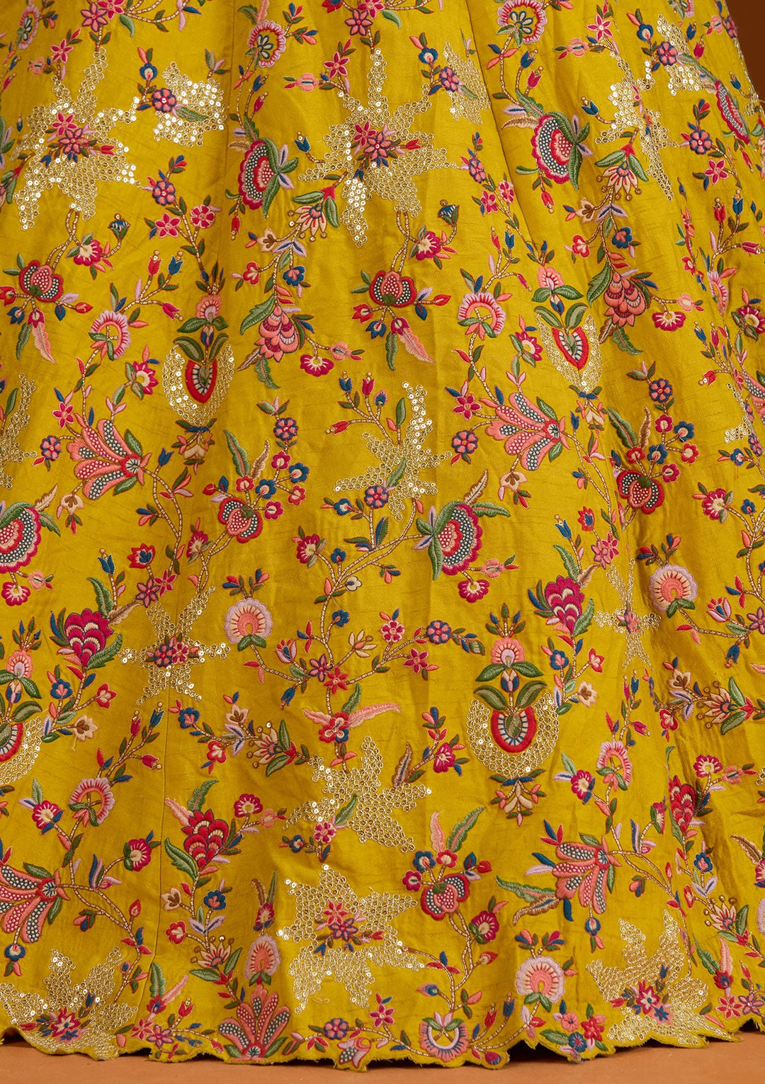 Mustard Sequins Raw Silk Readymade Lehenga-koskii