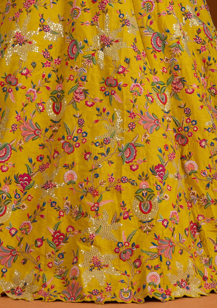 Mustard Sequins Raw Silk Readymade Lehenga-koskii