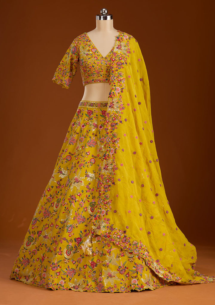 Mustard Sequins Raw Silk Readymade Lehenga-koskii
