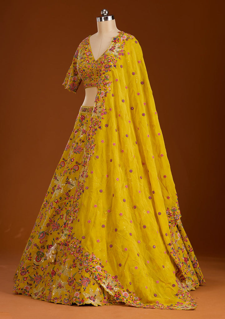 Mustard Sequins Raw Silk Readymade Lehenga-koskii