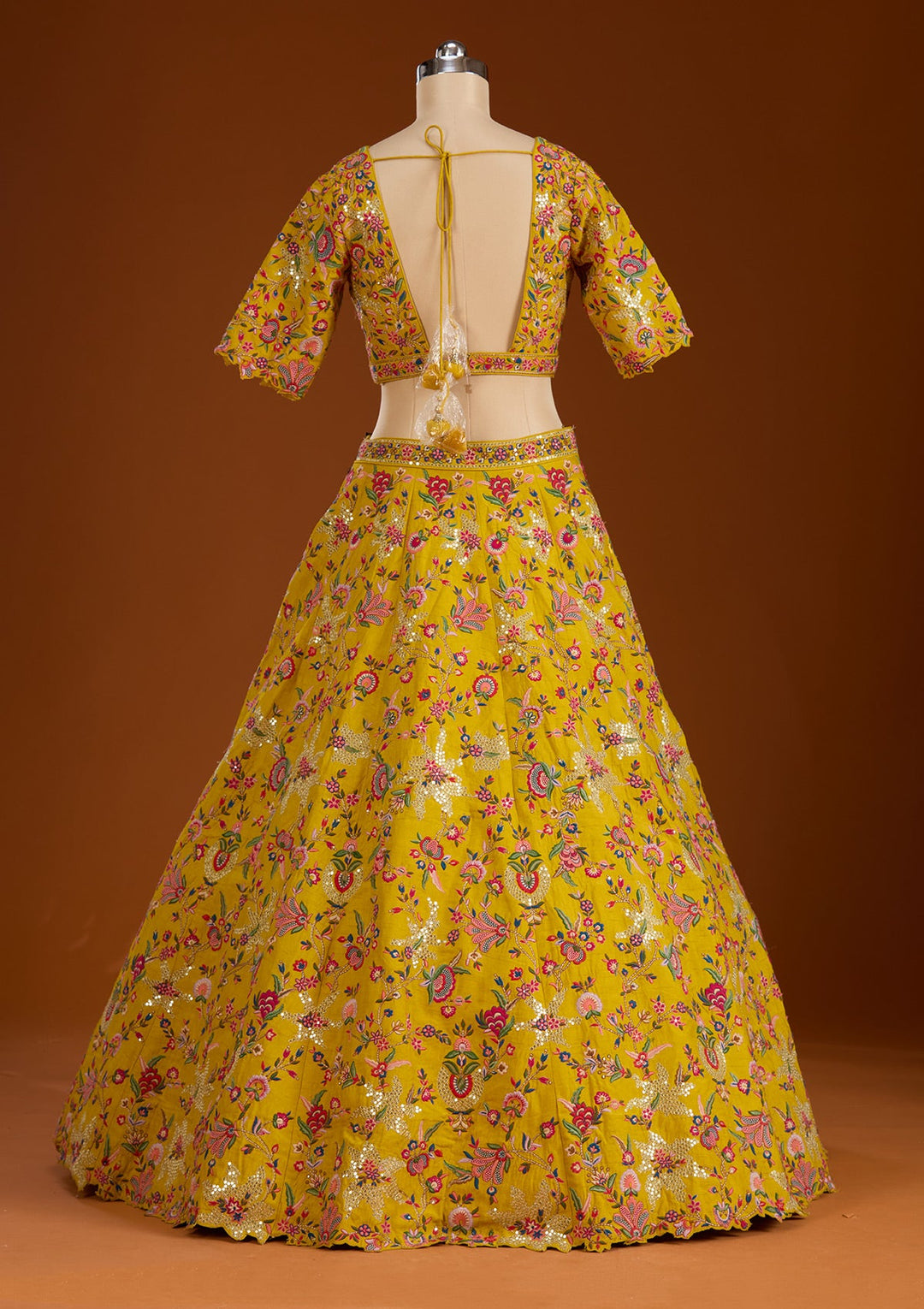 Mustard Sequins Raw Silk Readymade Lehenga-koskii