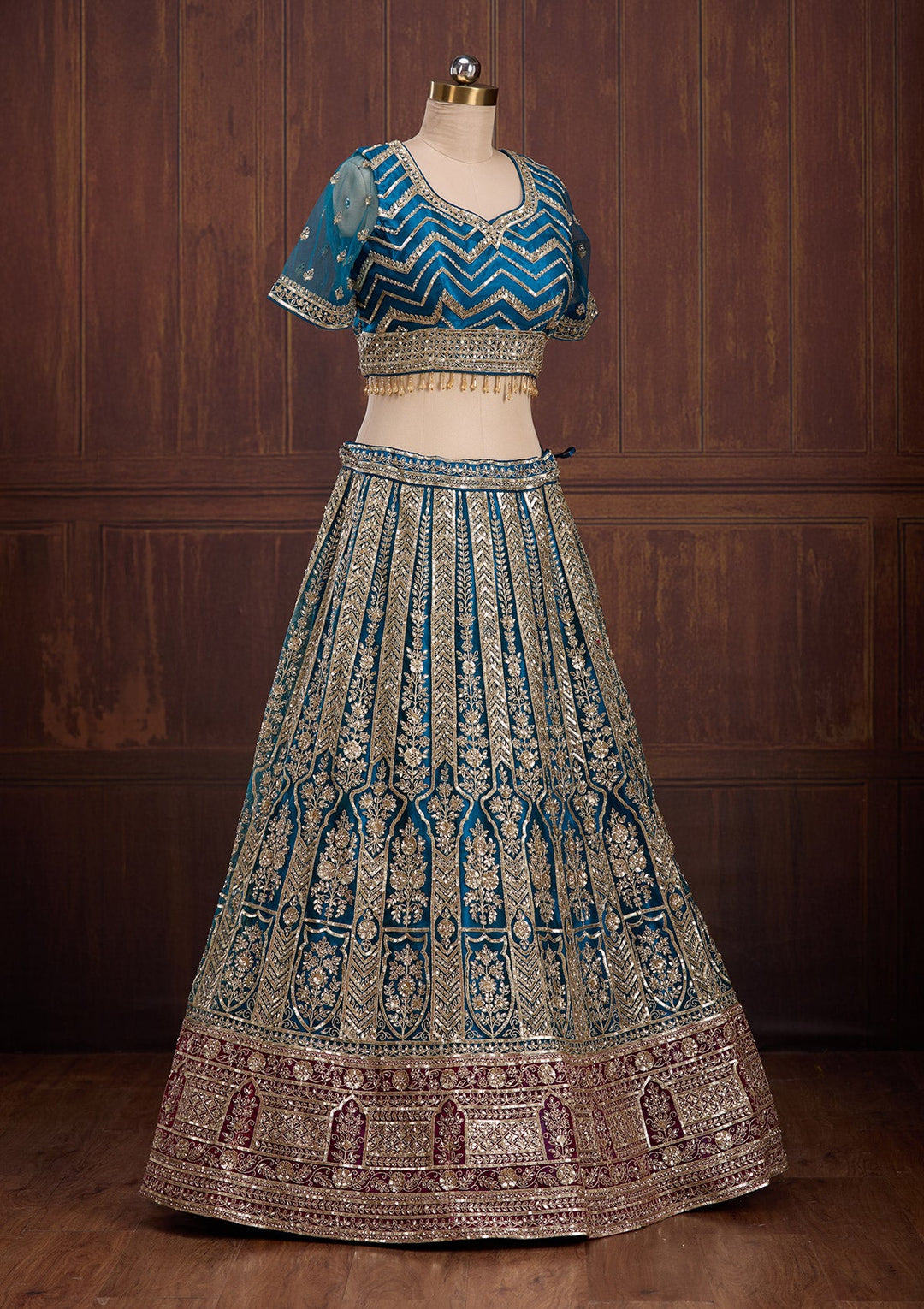 Peacock Blue Cording Net Readymade Lehenga-Koskii