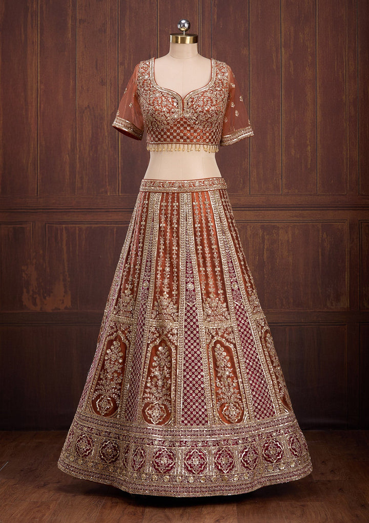 Rust Cording Net Readymade Lehenga-Koskii