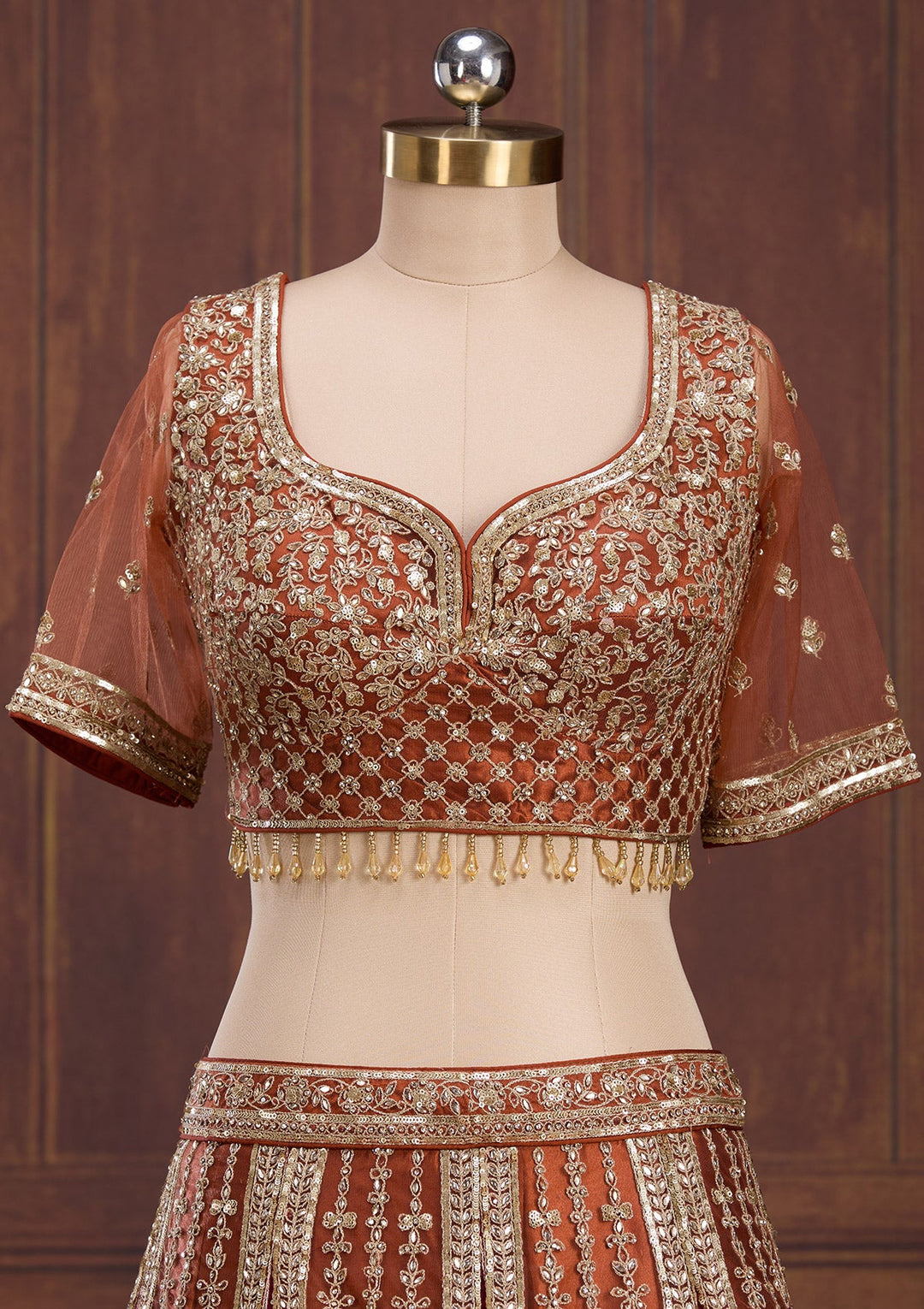 Rust Cording Net Readymade Lehenga-Koskii