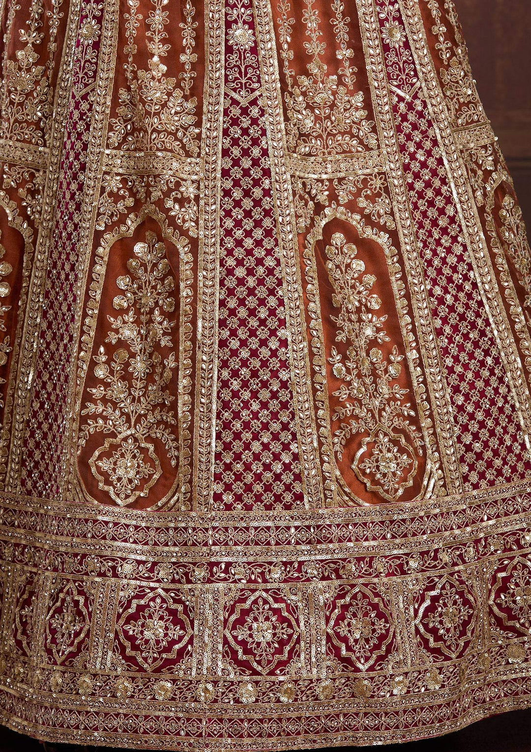 Rust Cording Net Readymade Lehenga-Koskii