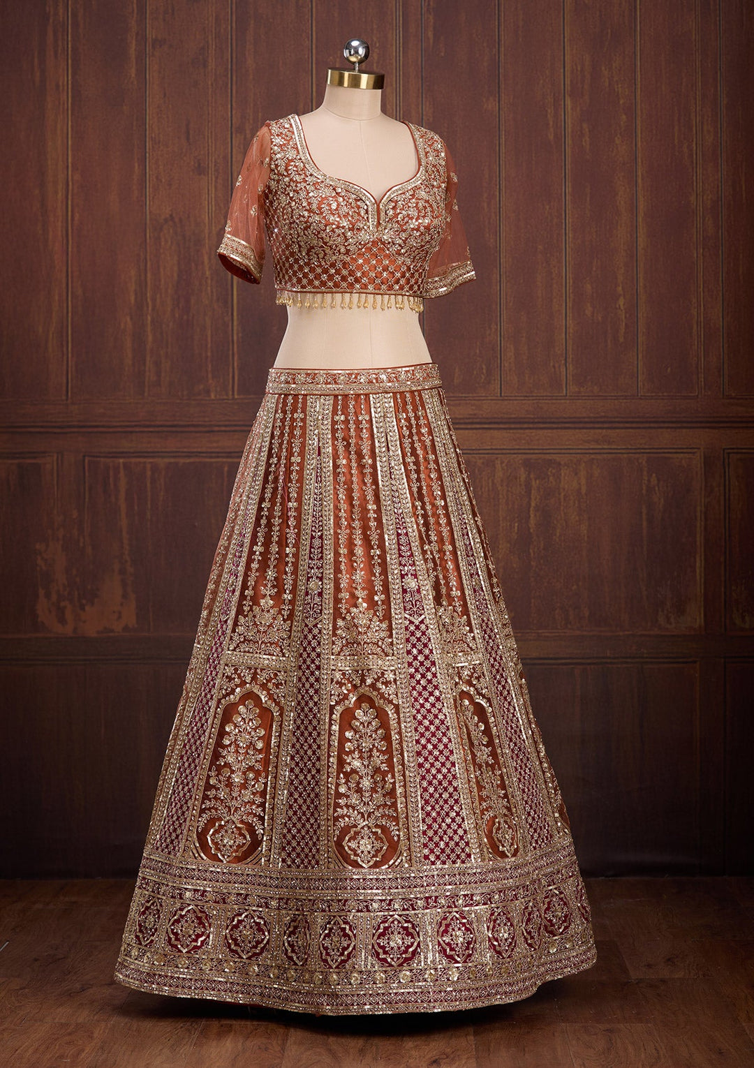 Rust Cording Net Readymade Lehenga-Koskii