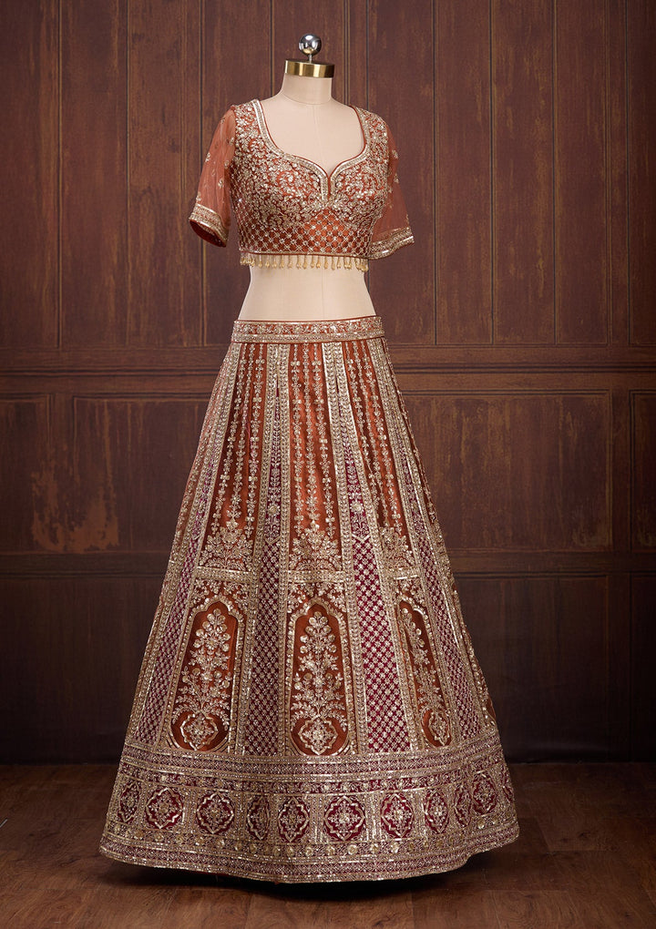 Rust Cording Net Readymade Lehenga-Koskii