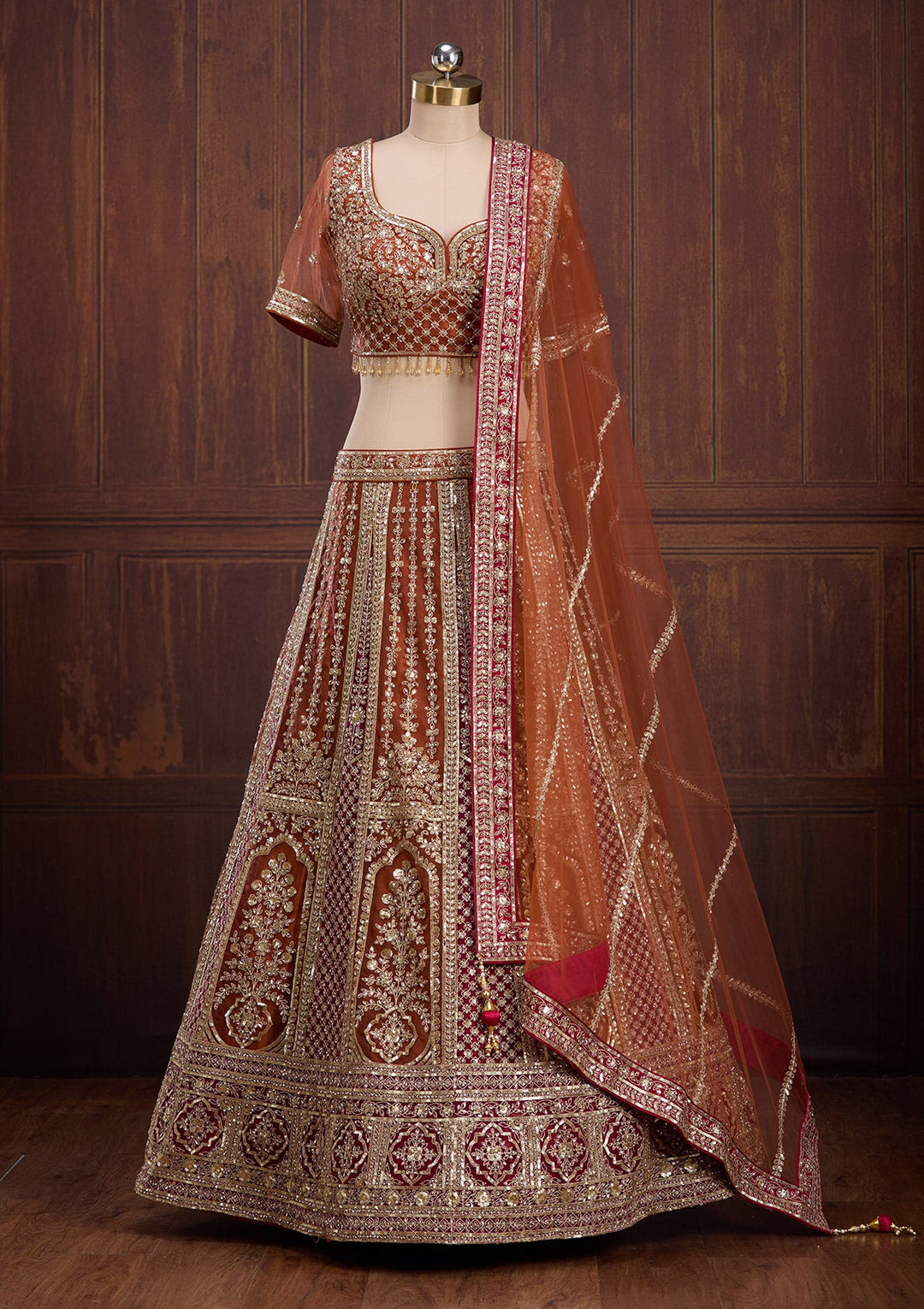 Rust Cording Net Readymade Lehenga-Koskii