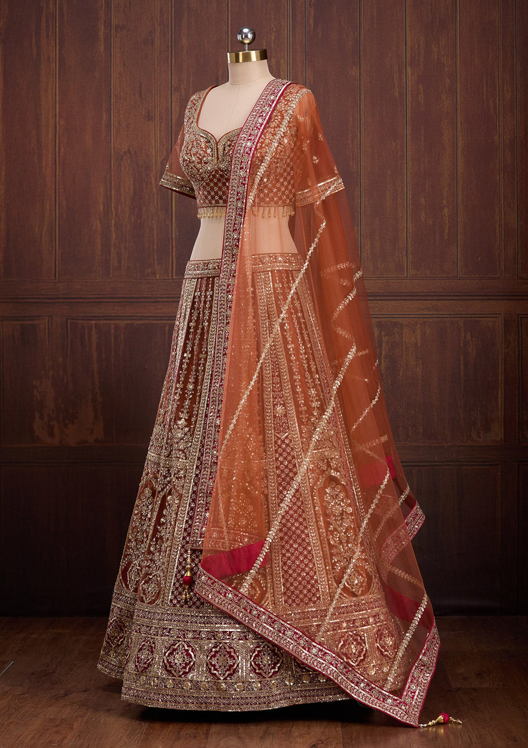 Rust Cording Net Readymade Lehenga-Koskii