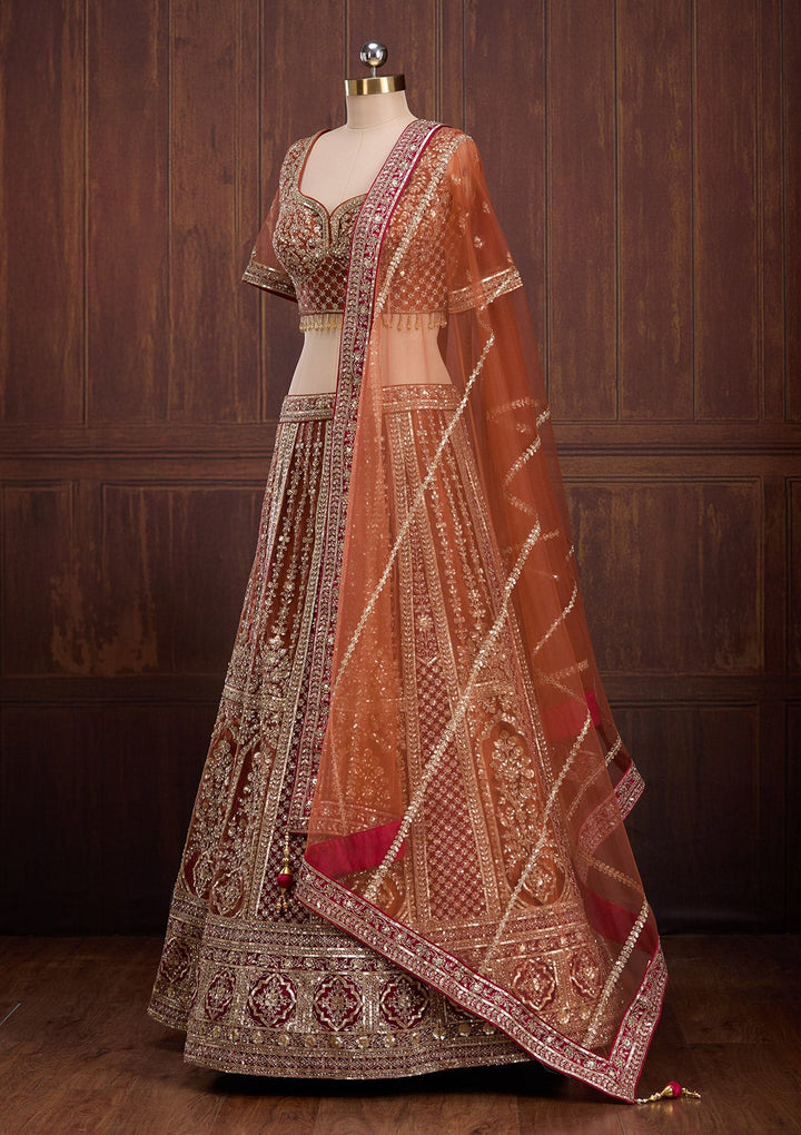 Rust Cording Net Readymade Lehenga-Koskii