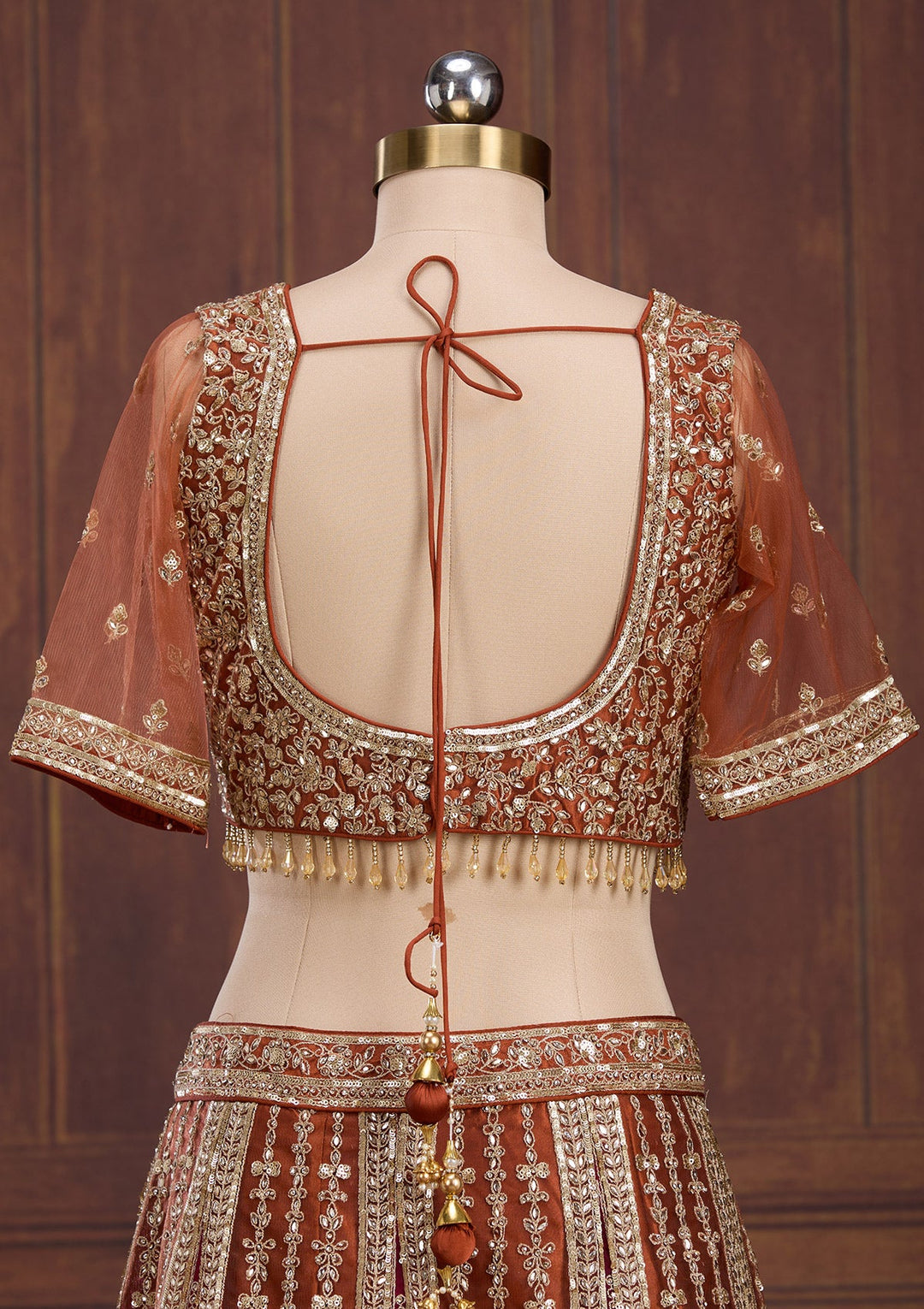 Rust Cording Net Readymade Lehenga-Koskii
