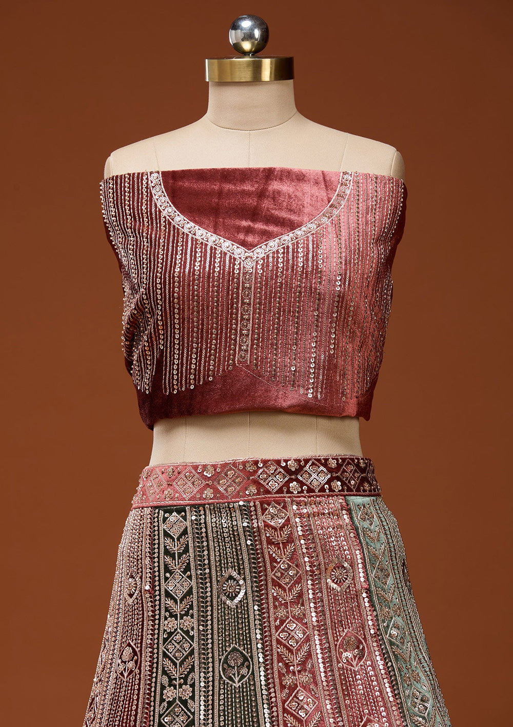 Rust Sequins Velvet Semi-Stitched Lehenga_Koskii